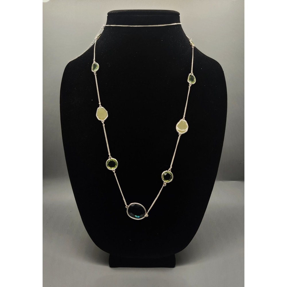 Multi-Stone Station Necklace Adjustable Green Teal Silver Tone Bezel Set